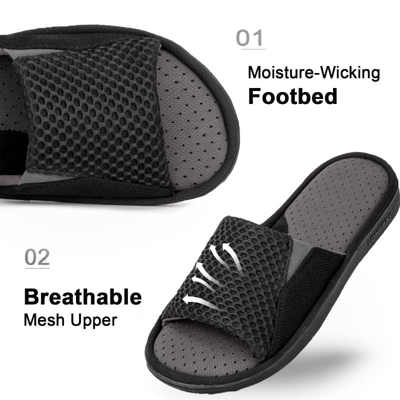 LongBay Men's Comfy Memory Foam Slide Slippers Breathable Mesh Cloth House Shoes (X-Large / 13-14 D(M) US, Black) - Image 5